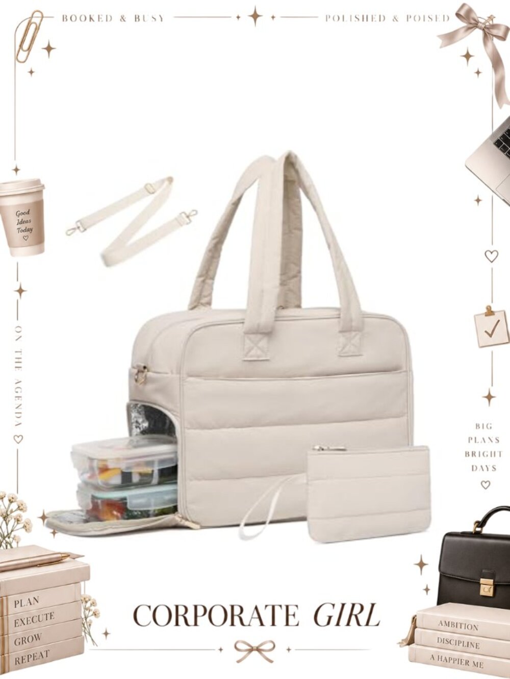 Insulated Lunch Bag Tote Quilted Travel Duffle 15.6 Inch Laptop Compartment